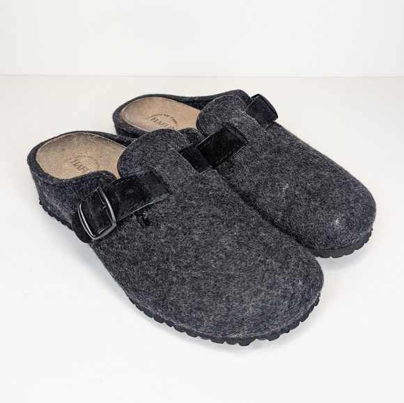 Haflinger Shoes - Haflinger gray wool felt mules slides leather strap buckle cork sole EU size 37
